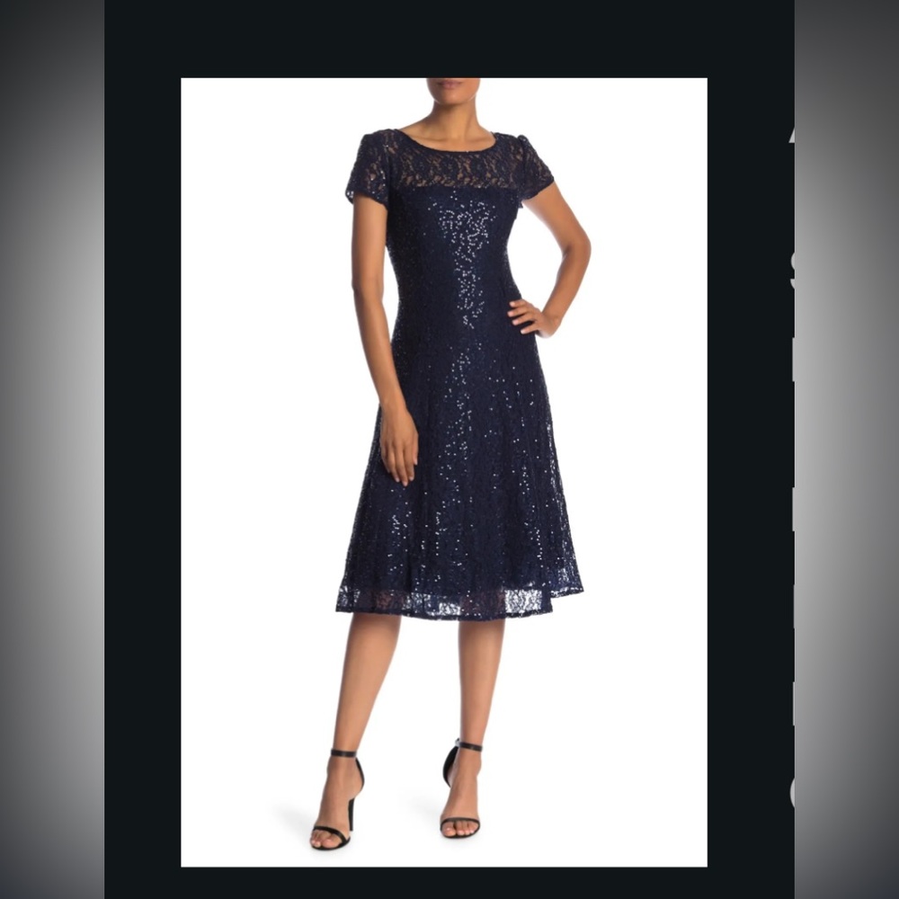 Tea length navy sequin dress